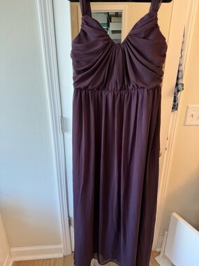 Hayley Paige Occasions Plum Maxi Dress with Ruched Bodice